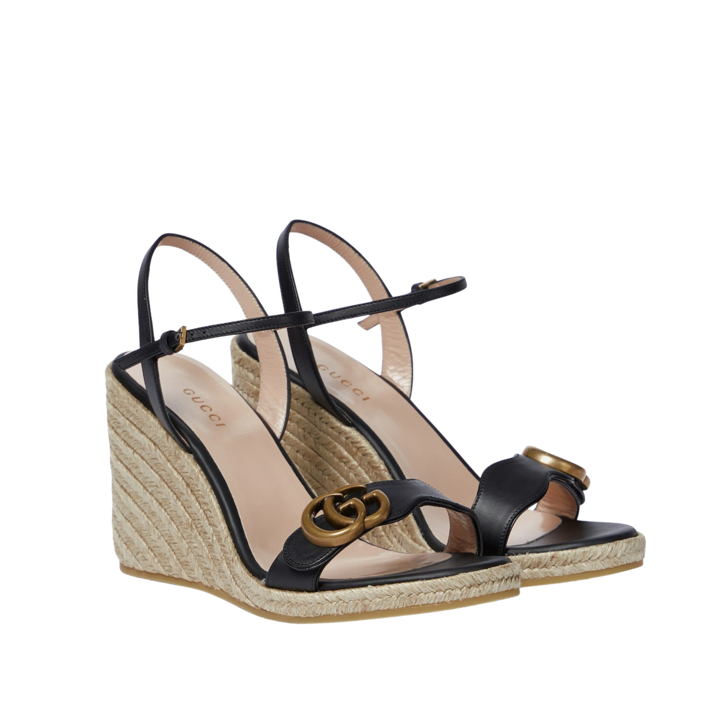 Gucci Leather Wedge Espadrille Sandals Black 8Cm