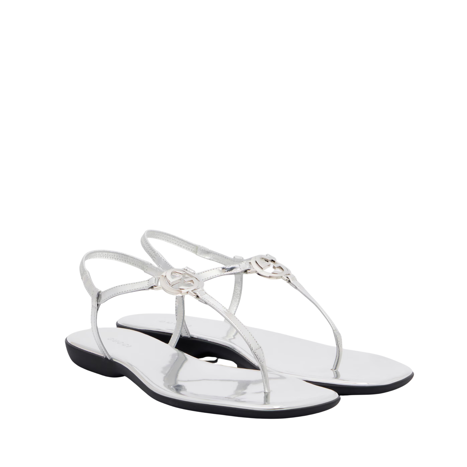 Gucci Thong Sandal With Interlocking G Metallic Silver Leather ‎874699 For Women