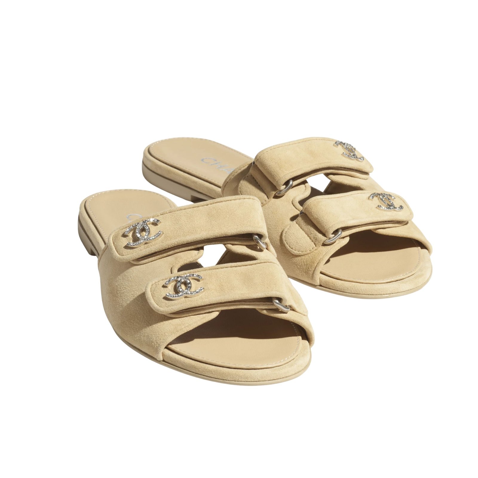 Chanel Suede Calfskin Crystal CC Double Strap Mules Beige Suede G38689