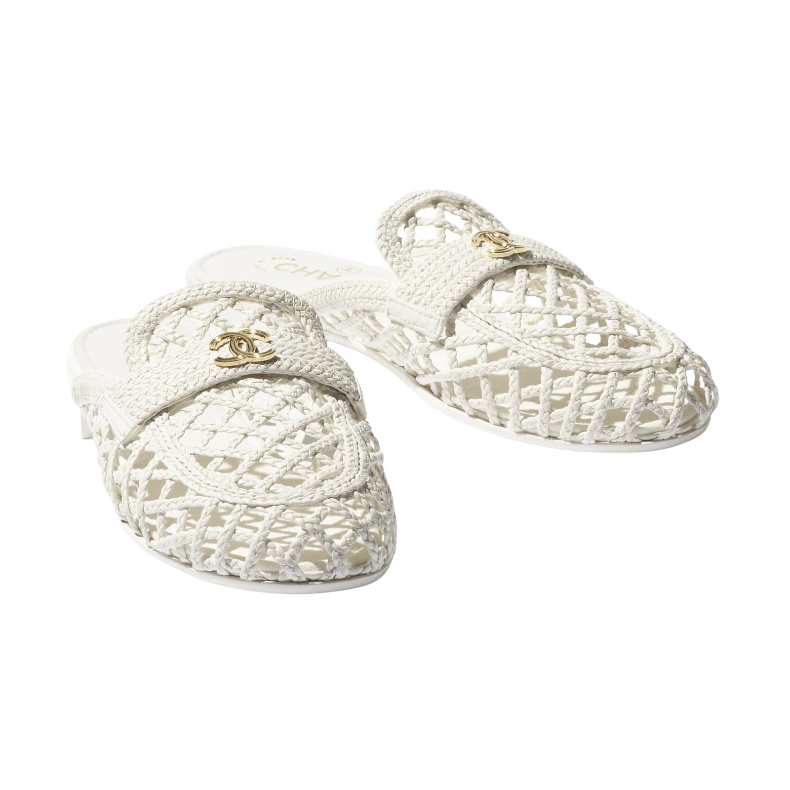 Chanel Braided Woven Raffia Mules with CC Logo White Raffia G39850