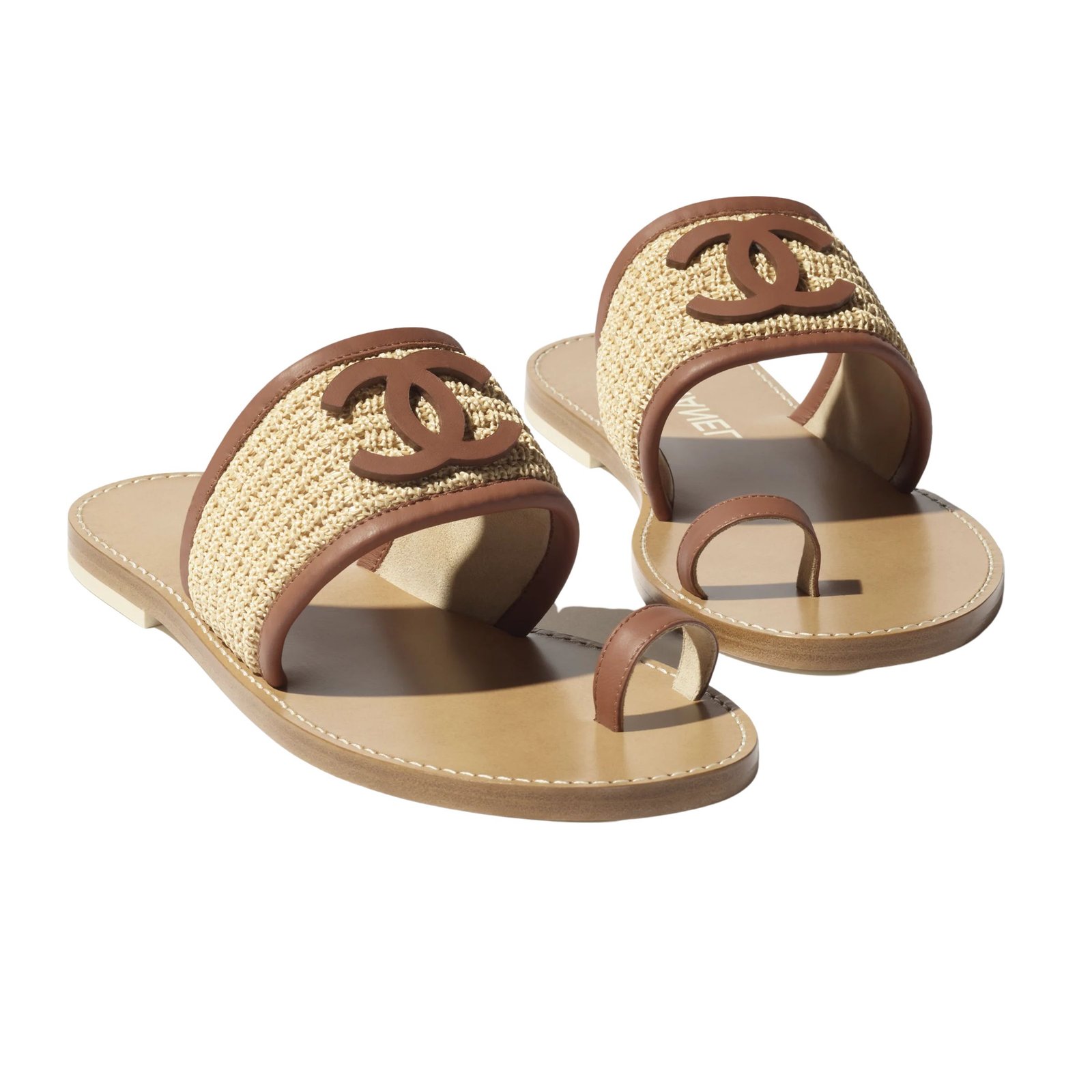 Chanel Raffia & Calfskin CC Toe Ring Flat Sandals Raffia G38883