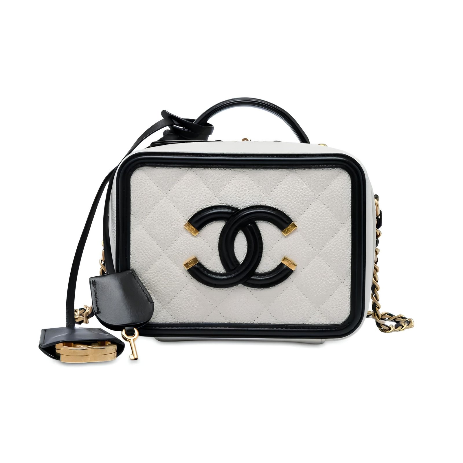 Chanel CC Filigree Vanity Case Caviar White/Black GHW 17cm/6.7in
